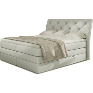 Ensemble boxspring complet tête de lit + sommiers + matelas + surmatelas MIRO en simili écru - 180x200 cm