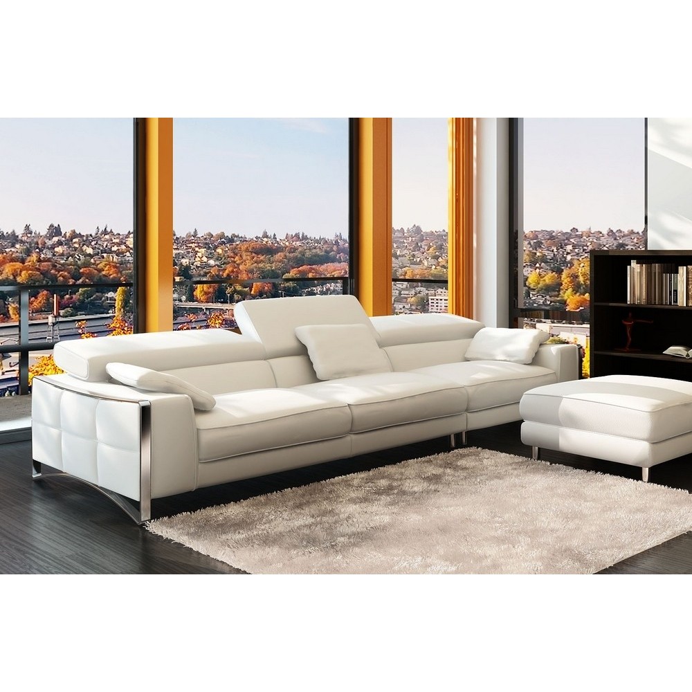 Canapé droit en cuir italien 4 places SUEDO, blanc (sans la partie pouf de 85 cm)