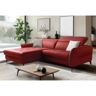 Canapé d'angle convertible en cuir italien luxe 5 places, MANZONI, coffre, rouge foncé, angle gauche