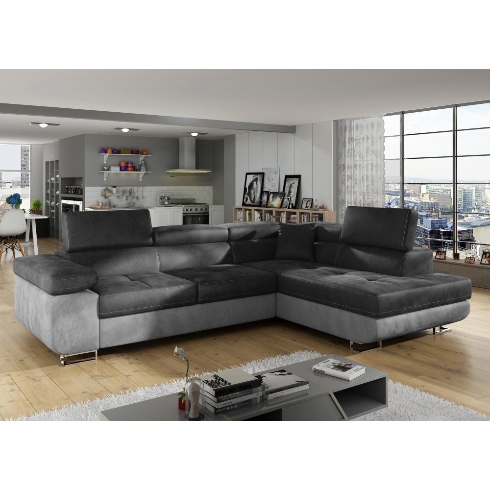 2eme paiement commande : Canapé d'angle convertible en tissu velours luxe 5 places, avec coffre, gris foncé / gris clair, angle