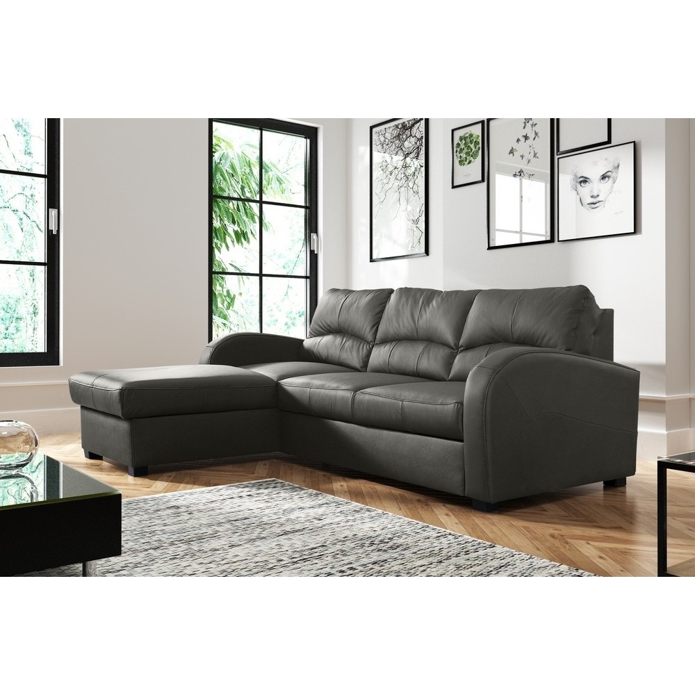 Canapé d'angle convertible - cuir luxe italien, 4 places VALINO, gris foncé, angle gauche