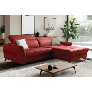 Canapé d'angle convertible en cuir italien luxe 5 places, MANZONI, coffre, rouge foncé, angle droit