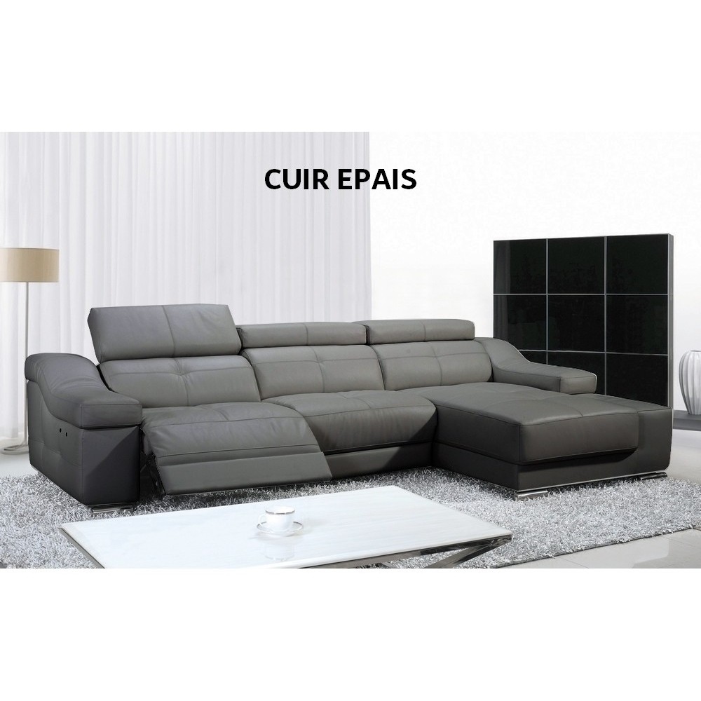 Canapé d'angle double relax en cuir EPAIS de buffle italien de luxe 5 places BiRELAX, gris foncé, angle droit, 2 relax électriqu
