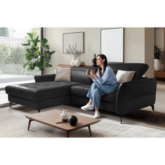 Canapé d'angle convertible en cuir italien luxe 5 places, MANZONI, coffre, noir, angle gauche