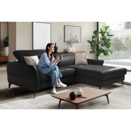 Canapé d'angle convertible en cuir italien luxe 5 places, MANZONI, coffre, noir, angle droit