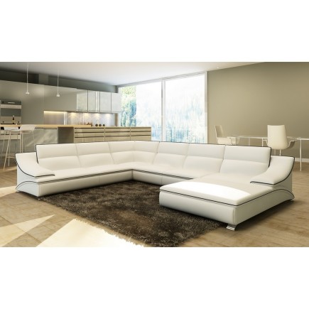 Canapé d'angle en cuir luxe italien 7 places ANGELO, blanc et noir, angle gauche