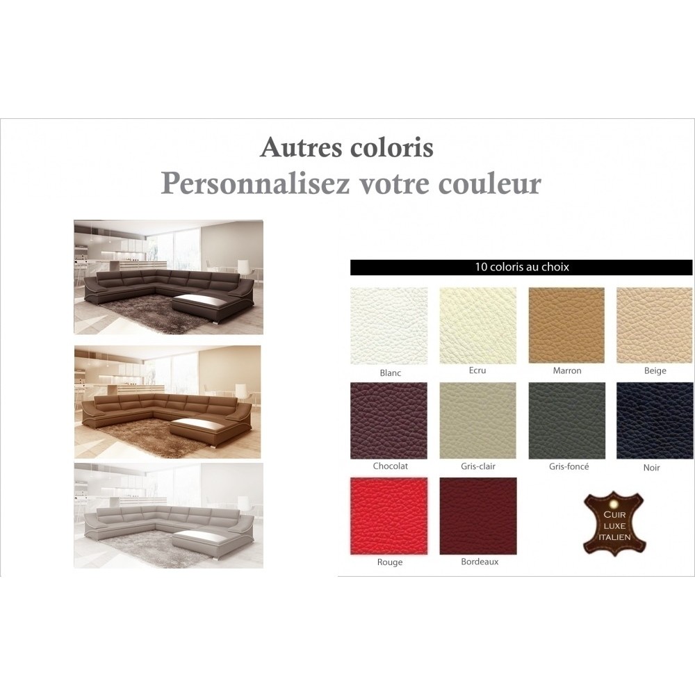 Canapé d'angle en cuir luxe italien 7 places ANGELO, couleurs personnalisées, angle gauche