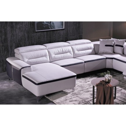 Canapé d'angle relax électrique en cuir buffle italien de luxe COMBIRELAX, blanc et noir, angle droit, 7/8 places