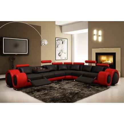 Canapé d'angle en cuir italien : 5/6 places PETIT EXCELIA, noir et rouge, angle droit