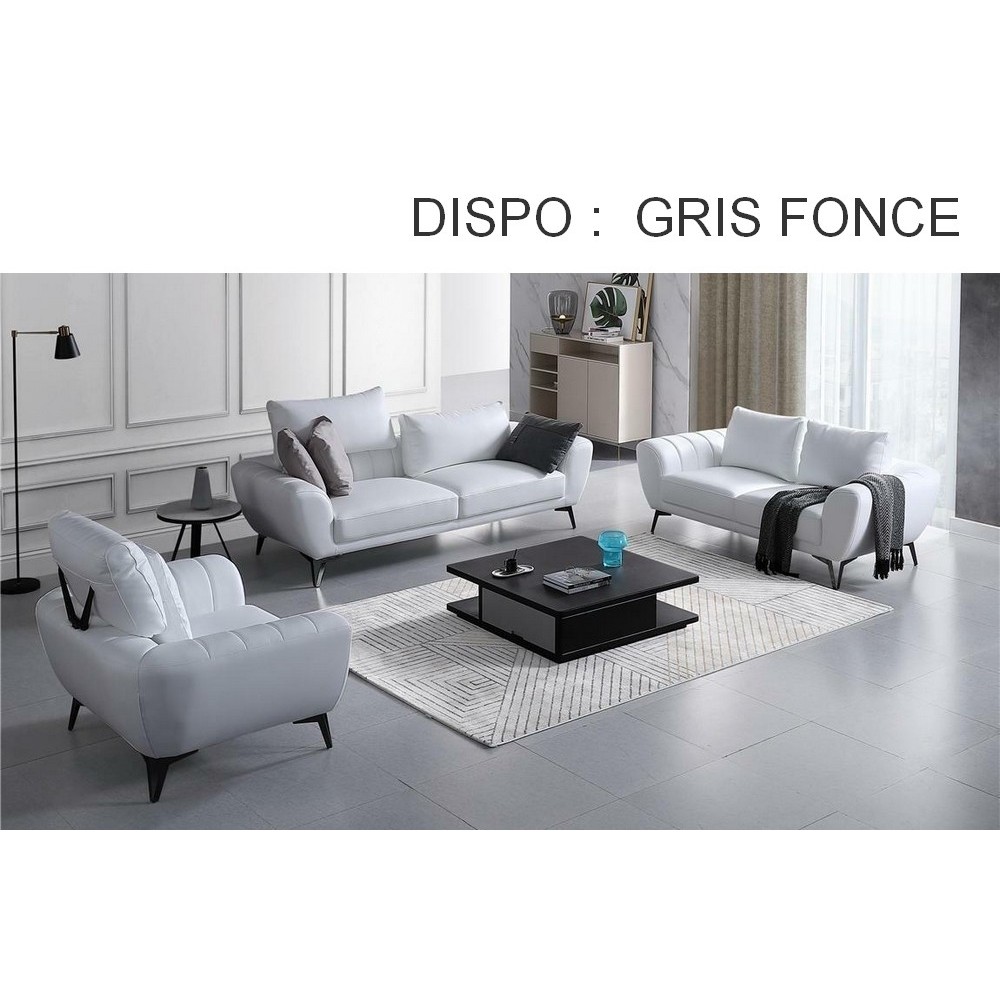 Ensemble canapé 3 places et 2 places et fauteuil en cuir italien vachette ALBERTO, couleur GRIS FONCE