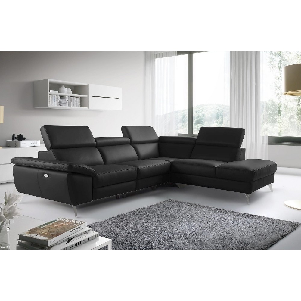 Canapé d'angle relax en 100% tout cuir épais de luxe italien avec relax électrique, 5/6 places KASTER, noir, angle droit