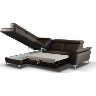 Canapé d'angle convertible en cuir italien de luxe 5 places MILOS, avec coffre, noir, angle gauche (vu de face)