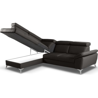 Canapé d'angle convertible en cuir italien de luxe 5 places MILOS, avec coffre, noir, angle gauche (vu de face)