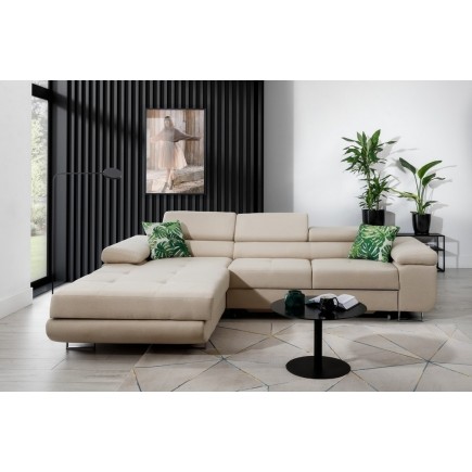 Canapé d'angle convertible ARMEL en tissu luxe 5 places, beige clair, avec coffre, angle gauche (vu de face)