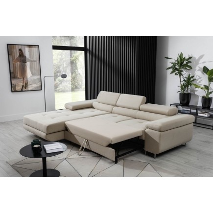 Canapé d'angle convertible ARMEL en tissu luxe 5 places, beige clair, avec coffre, angle gauche (vu de face)