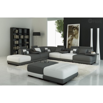 Canapé d'angle en cuir 7/8 places ELIXIR, gris foncé et blanc.