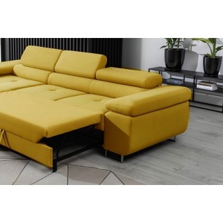 Canapé d'angle convertible ARMEL en tissu luxe 5 places, jaune moutarde, avec coffre, angle gauche (vu de face)