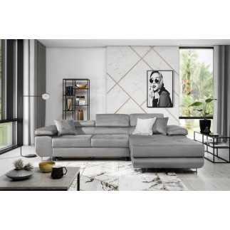 Canapé d'angle convertible ARMEL en velours luxe 5 places, couleur gris, avec coffre, angle droit (vu de face)