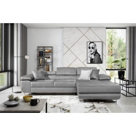 Canapé d'angle convertible ARMEL en velours luxe 5 places, couleur gris, avec coffre, angle droit (vu de face)