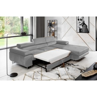 Canapé d'angle convertible ARMEL en velours luxe 5 places, couleur gris, avec coffre, angle droit (vu de face)