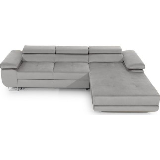 Canapé d'angle convertible ARMEL en velours luxe 5 places, couleur gris, avec coffre, angle droit (vu de face)