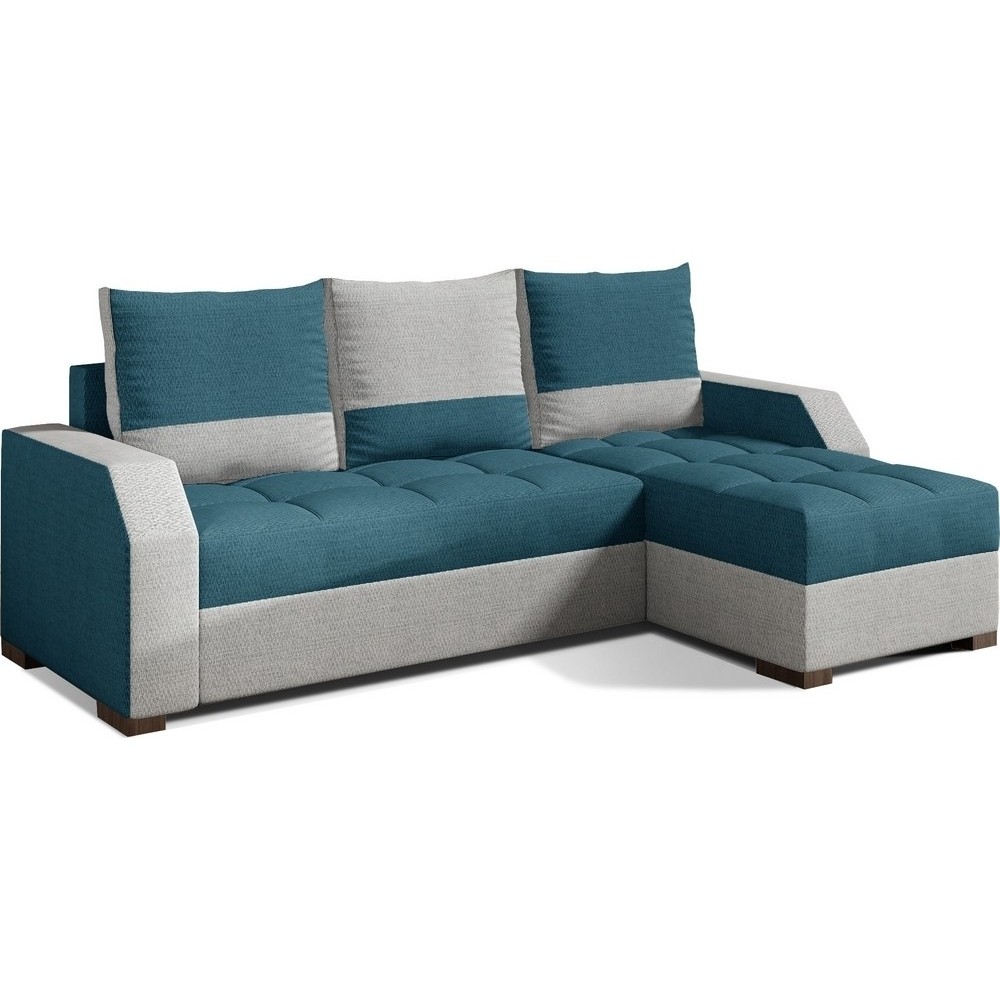 Canapé d'angle convertible - ARTE - en tissu de qualité - turquoise et gris, 3/4 places, angle droit (vu de face)