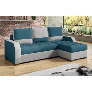 Canapé d'angle convertible - ARTE - en tissu de qualité - turquoise et gris, 3/4 places, angle droit (vu de face)