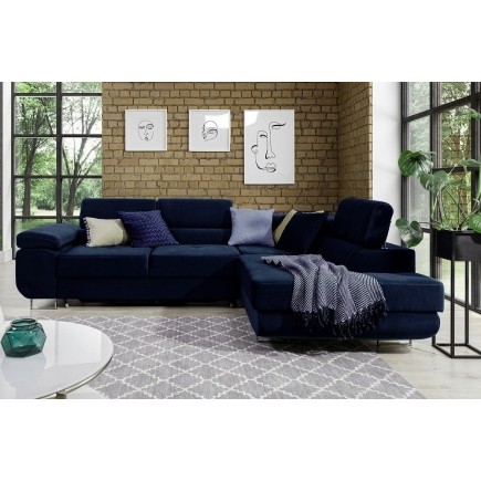 Canapé d'angle convertible en tissu velours luxe 5 places, ANNECY VELOURS, couleur bleu foncé, angle droit (vu de face)