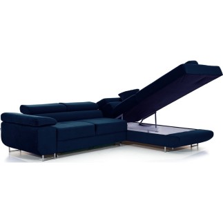 Canapé d'angle convertible en tissu velours luxe 5 places, ANNECY VELOURS, couleur bleu foncé, angle droit (vu de face)