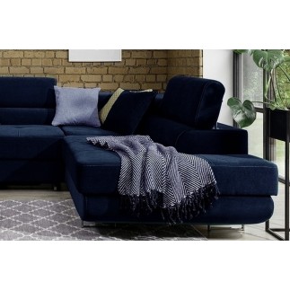 Canapé d'angle convertible en tissu velours luxe 5 places, ANNECY VELOURS, couleur bleu foncé, angle droit (vu de face)