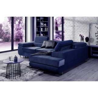 Canapé d'angle convertible en tissu velours luxe 5 places, ANNECY VELOURS, couleur bleu foncé, angle droit (vu de face)