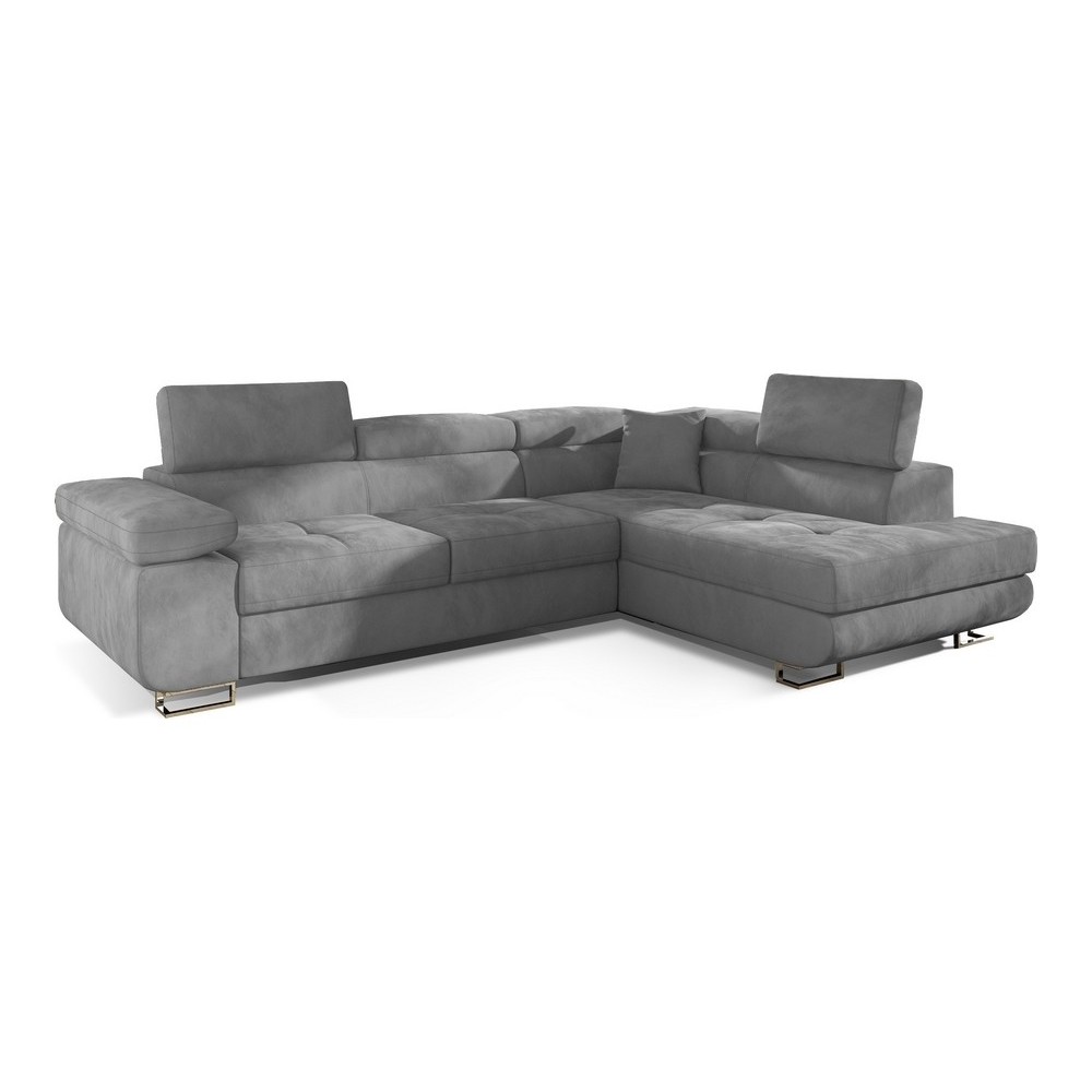 Canapé d'angle convertible en tissu velours luxe 5 places, ANNECY VELOURS, couleur gris clair, angle droit (vu de face)