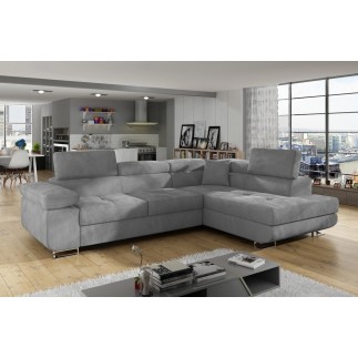 Canapé d'angle convertible en tissu velours luxe 5 places, ANNECY VELOURS, couleur gris clair, angle droit (vu de face)