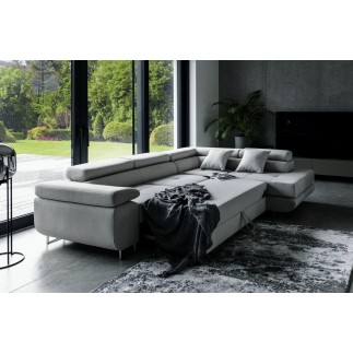 Canapé d'angle convertible en tissu velours luxe 5 places, ANNECY VELOURS, couleur gris clair, angle droit (vu de face)
