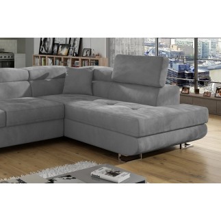 Canapé d'angle convertible en tissu velours luxe 5 places, ANNECY VELOURS, couleur gris clair, angle droit (vu de face)