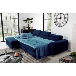 - Canapé d'angle convertible en tissu velours Luxe bleu, 5 places, angle gauche (vu de face) - GRECE VELOURS