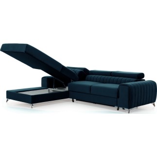 - Canapé d'angle convertible en tissu velours Luxe bleu, 5 places, angle gauche (vu de face) - GRECE VELOURS