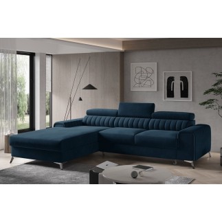 - Canapé d'angle convertible en tissu velours Luxe bleu, 5 places, angle gauche (vu de face) - GRECE VELOURS