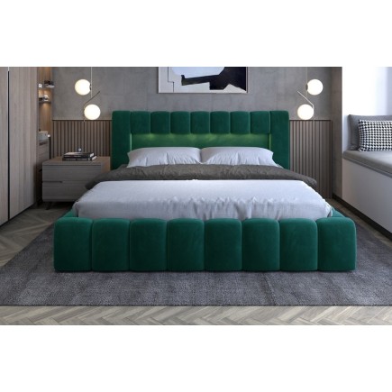 Lit 180x200 rembourré en velours luxe avec coffre et éclairage LED, vert, LANA