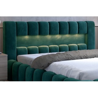 Lit 180x200 rembourré en velours luxe avec coffre et éclairage LED, vert, LANA