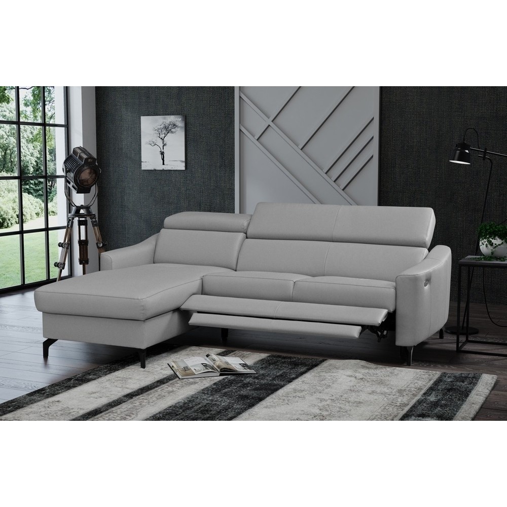 - Canapé d'angle relax en cuir de luxe italien avec relax électrique et coffre, AMBERT, gris clair, angle gauche, 4 places