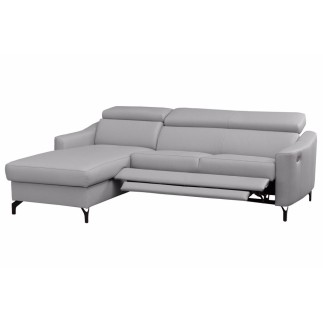 - Canapé d'angle relax en cuir de luxe italien avec relax électrique et coffre, AMBERT, gris clair, angle gauche, 4 places