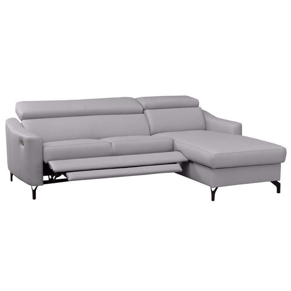 Canapé d'angle relax en cuir de luxe italien avec relax électrique et coffre, AMBERT, gris clair, angle droit, 4 places