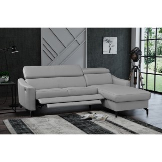 Canapé d'angle relax en cuir de luxe italien avec relax électrique et coffre, AMBERT, gris clair, angle droit