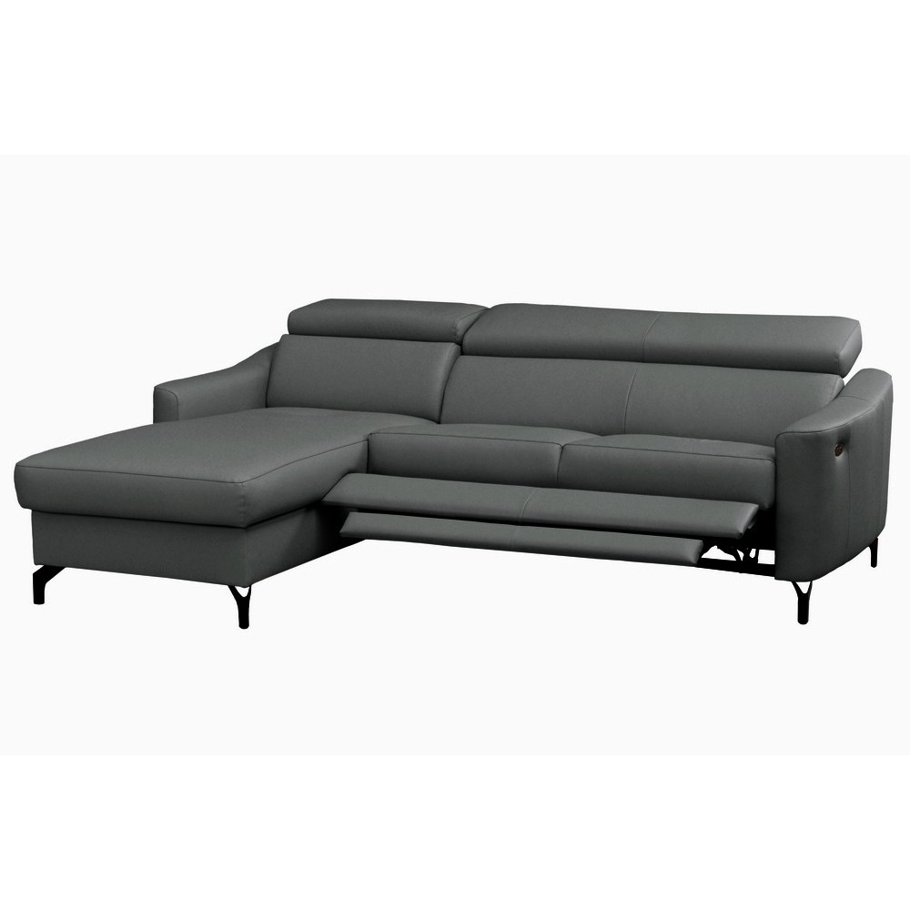 Canapé d'angle relax en cuir de luxe italien avec relax électrique et coffre, AMBERT, gris foncé, angle gauche, 4 places