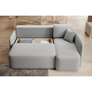 Canapé d'angle convertible HARRY en velours luxe 3/4 places, gris, angle droit (vu de face)