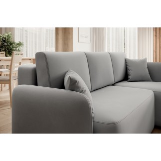 Canapé d'angle convertible HARRY en velours luxe 3/4 places, gris, angle droit (vu de face)