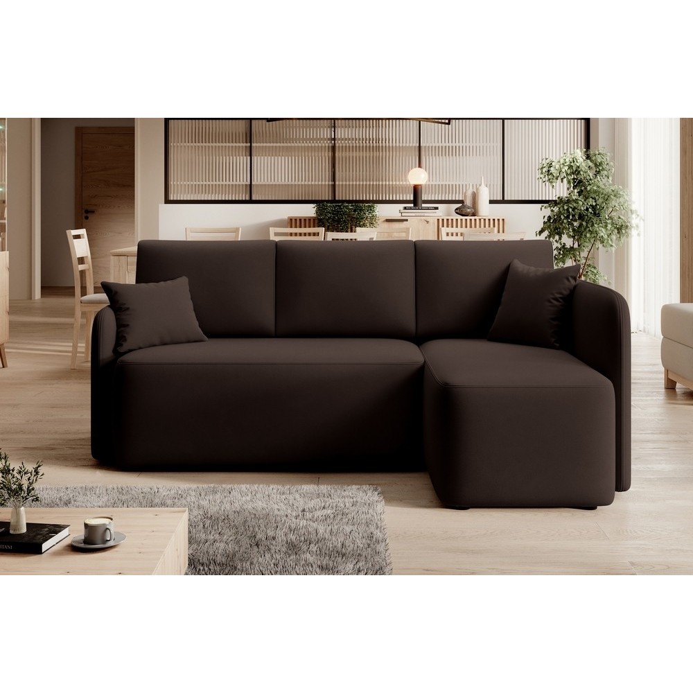 Canapé d'angle convertible HARRY en velours luxe 3/4 places, chocolat, angle droit (vu de face)