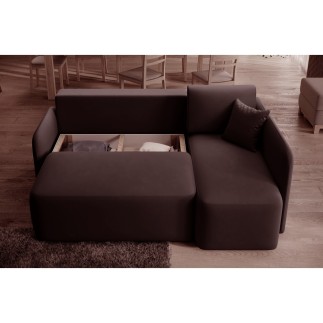 Canapé d'angle convertible HARRY en velours luxe 3/4 places, chocolat, angle droit (vu de face)
