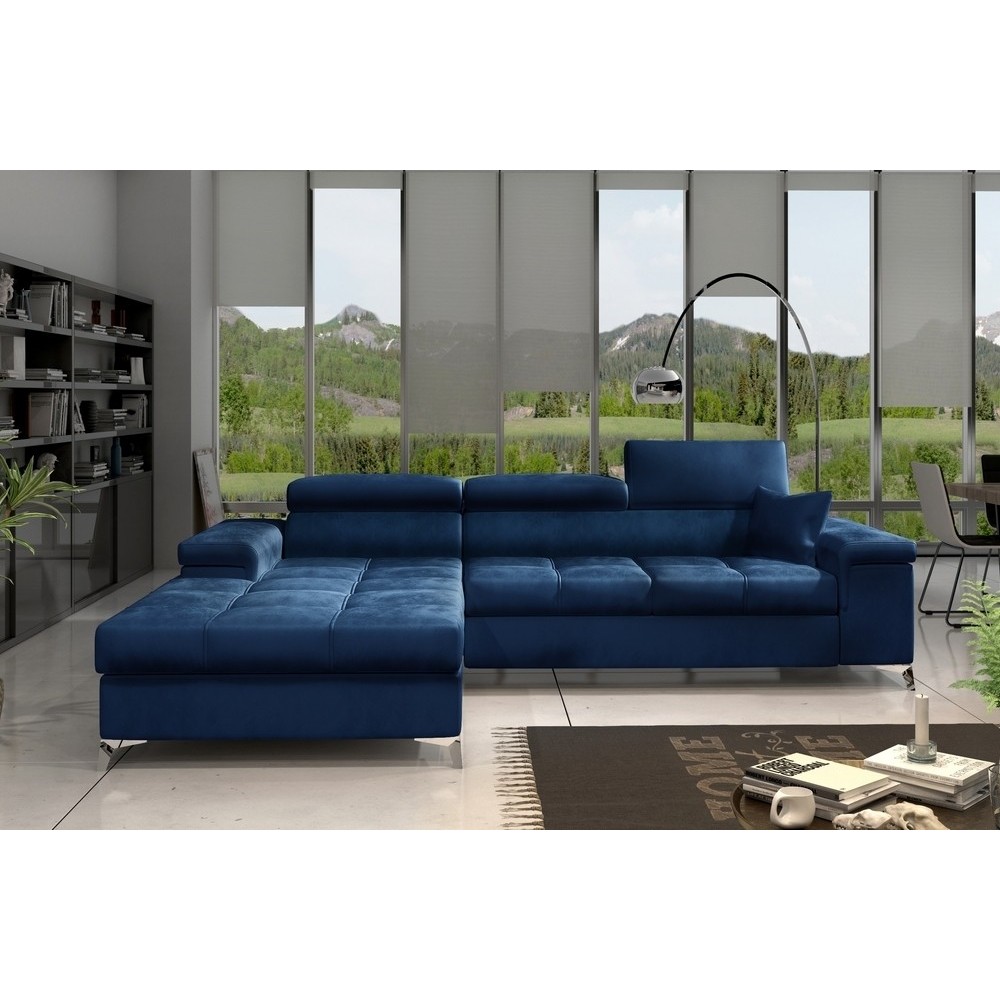Canapé d'angle convertible en veloursvelours luxe 5 places, RICHARD, bleu, angle gauche